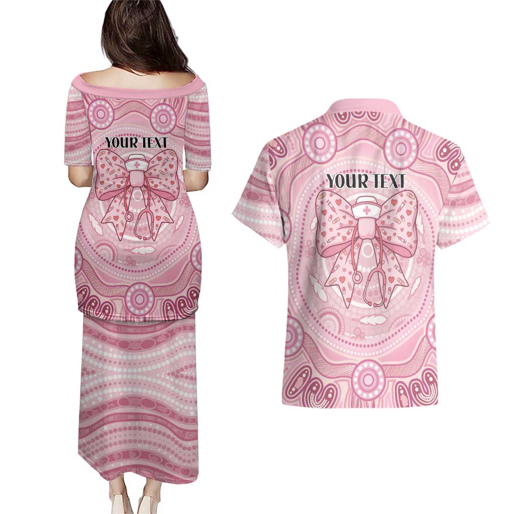 Aussie Nurse Personalised Couples Matching Puletasi and Hawaiian Shirt Pink Stethoscope Coquette Bow Aboriginal Dot Art