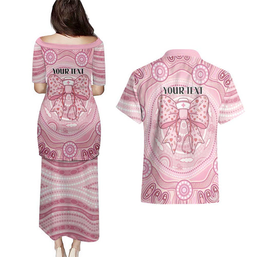 Aussie Nurse Personalised Couples Matching Puletasi and Hawaiian Shirt Pink Stethoscope Coquette Bow Aboriginal Dot Art