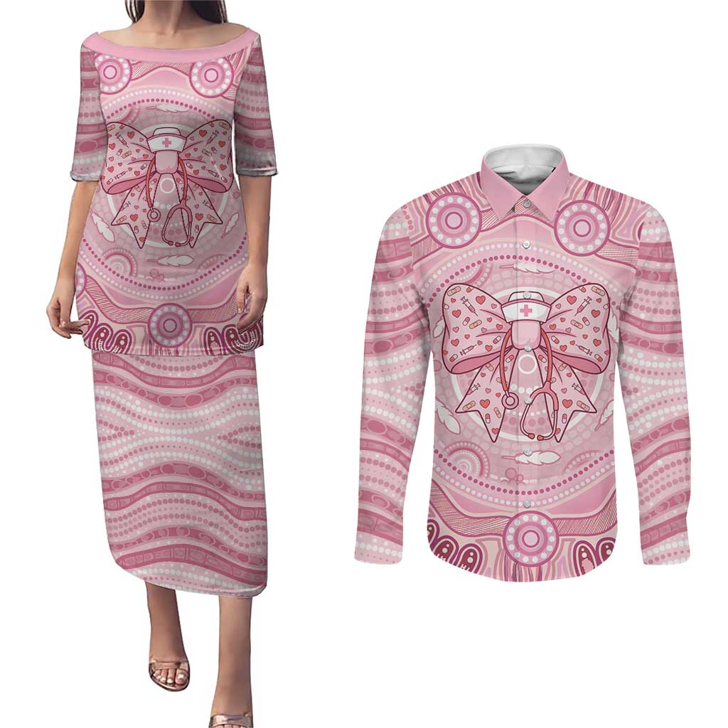 Aussie Nurse Personalised Couples Matching Puletasi and Long Sleeve Button Shirt Pink Stethoscope Coquette Bow Aboriginal Dot Art
