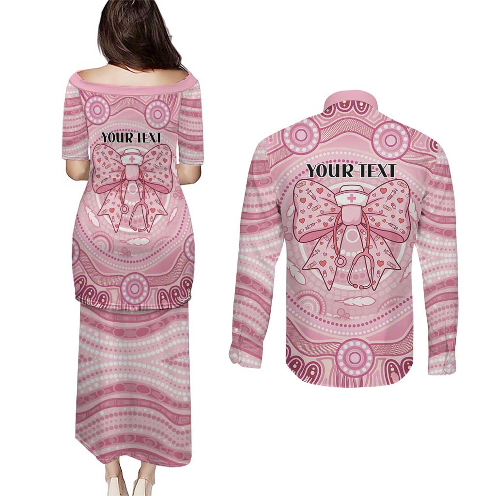 Aussie Nurse Personalised Couples Matching Puletasi and Long Sleeve Button Shirt Pink Stethoscope Coquette Bow Aboriginal Dot Art