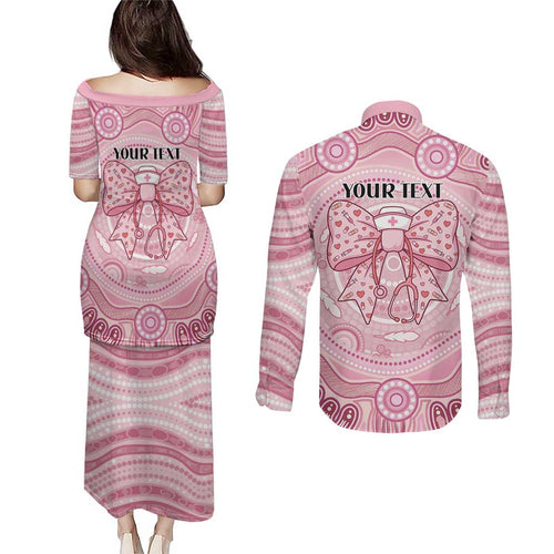 Aussie Nurse Personalised Couples Matching Puletasi and Long Sleeve Button Shirt Pink Stethoscope Coquette Bow Aboriginal Dot Art