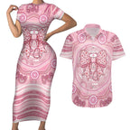 Aussie Nurse Personalised Couples Matching Short Sleeve Bodycon Dress and Hawaiian Shirt Pink Stethoscope Coquette Bow Aboriginal Dot Art