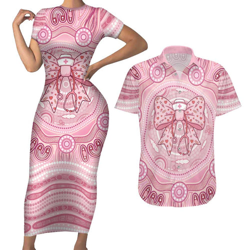 Aussie Nurse Personalised Couples Matching Short Sleeve Bodycon Dress and Hawaiian Shirt Pink Stethoscope Coquette Bow Aboriginal Dot Art