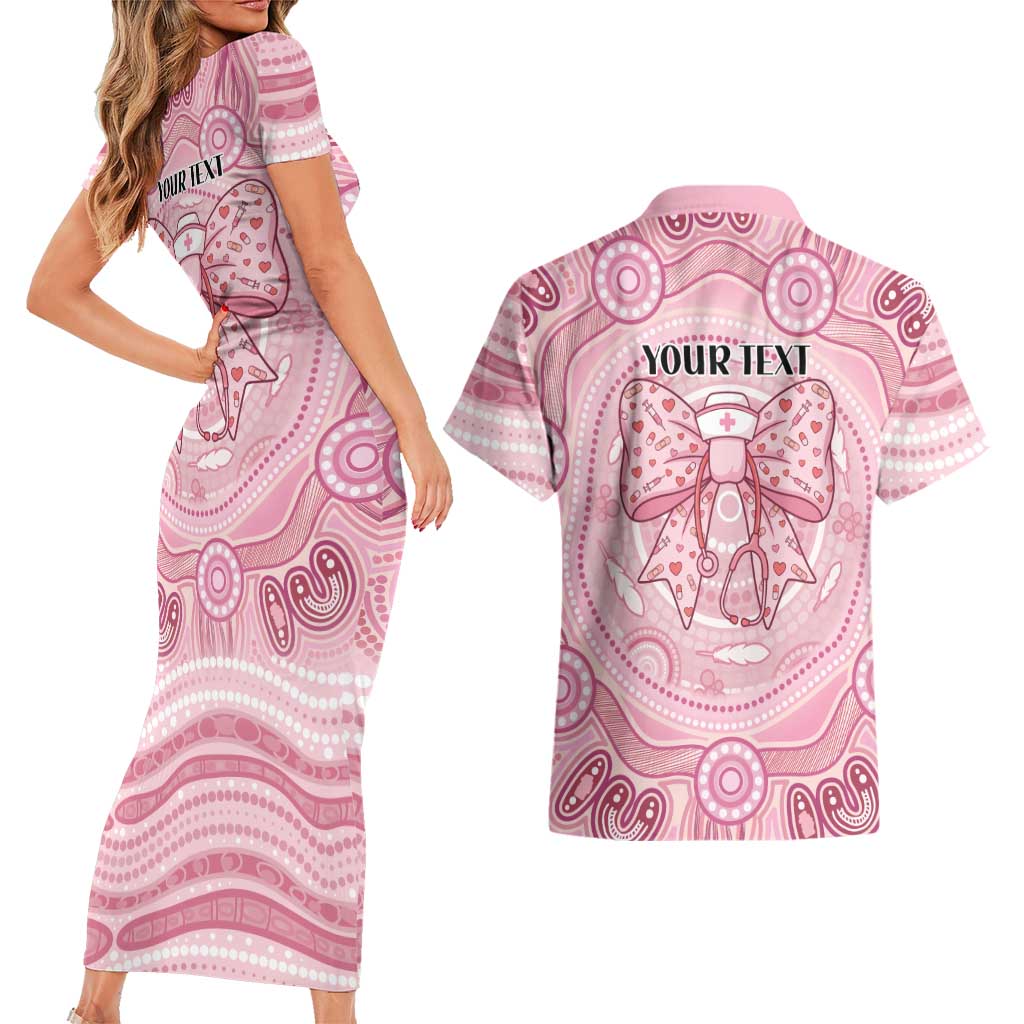 Aussie Nurse Personalised Couples Matching Short Sleeve Bodycon Dress and Hawaiian Shirt Pink Stethoscope Coquette Bow Aboriginal Dot Art