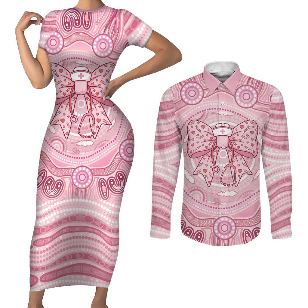 Aussie Nurse Personalised Couples Matching Short Sleeve Bodycon Dress and Long Sleeve Button Shirt Pink Stethoscope Coquette Bow Aboriginal Dot Art