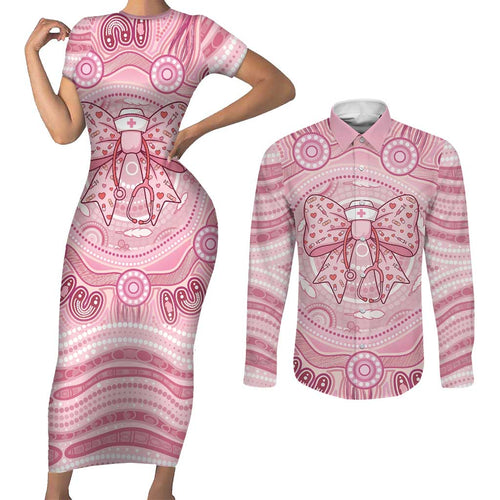 Aussie Nurse Personalised Couples Matching Short Sleeve Bodycon Dress and Long Sleeve Button Shirt Pink Stethoscope Coquette Bow Aboriginal Dot Art