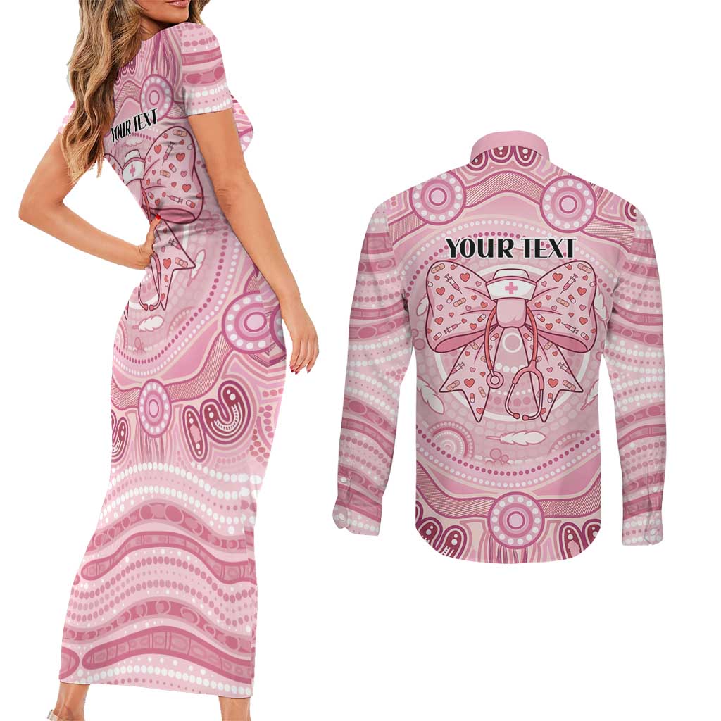 Aussie Nurse Personalised Couples Matching Short Sleeve Bodycon Dress and Long Sleeve Button Shirt Pink Stethoscope Coquette Bow Aboriginal Dot Art