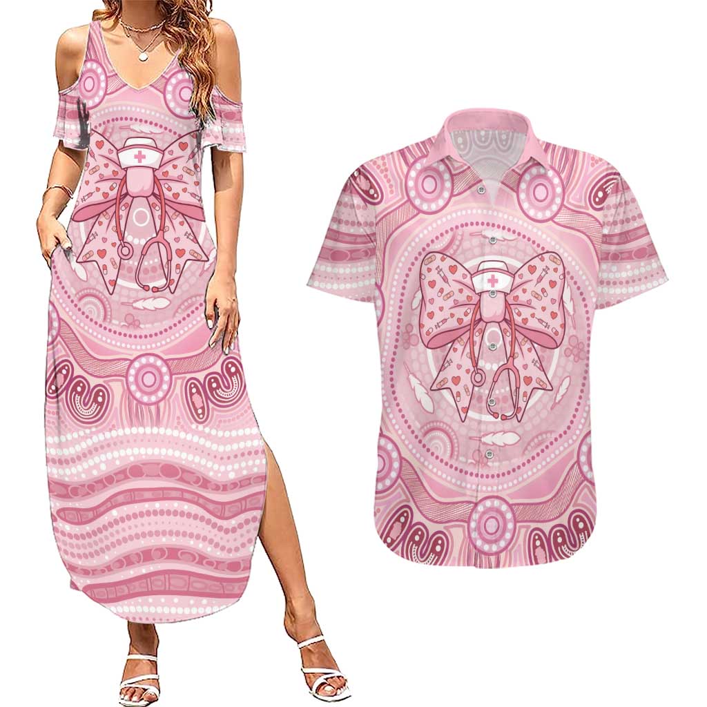 Aussie Nurse Personalised Couples Matching Summer Maxi Dress and Hawaiian Shirt Pink Stethoscope Coquette Bow Aboriginal Dot Art