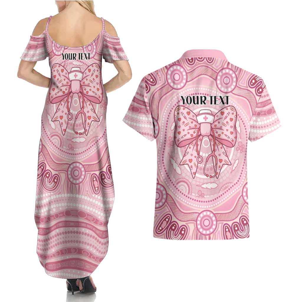 Aussie Nurse Personalised Couples Matching Summer Maxi Dress and Hawaiian Shirt Pink Stethoscope Coquette Bow Aboriginal Dot Art