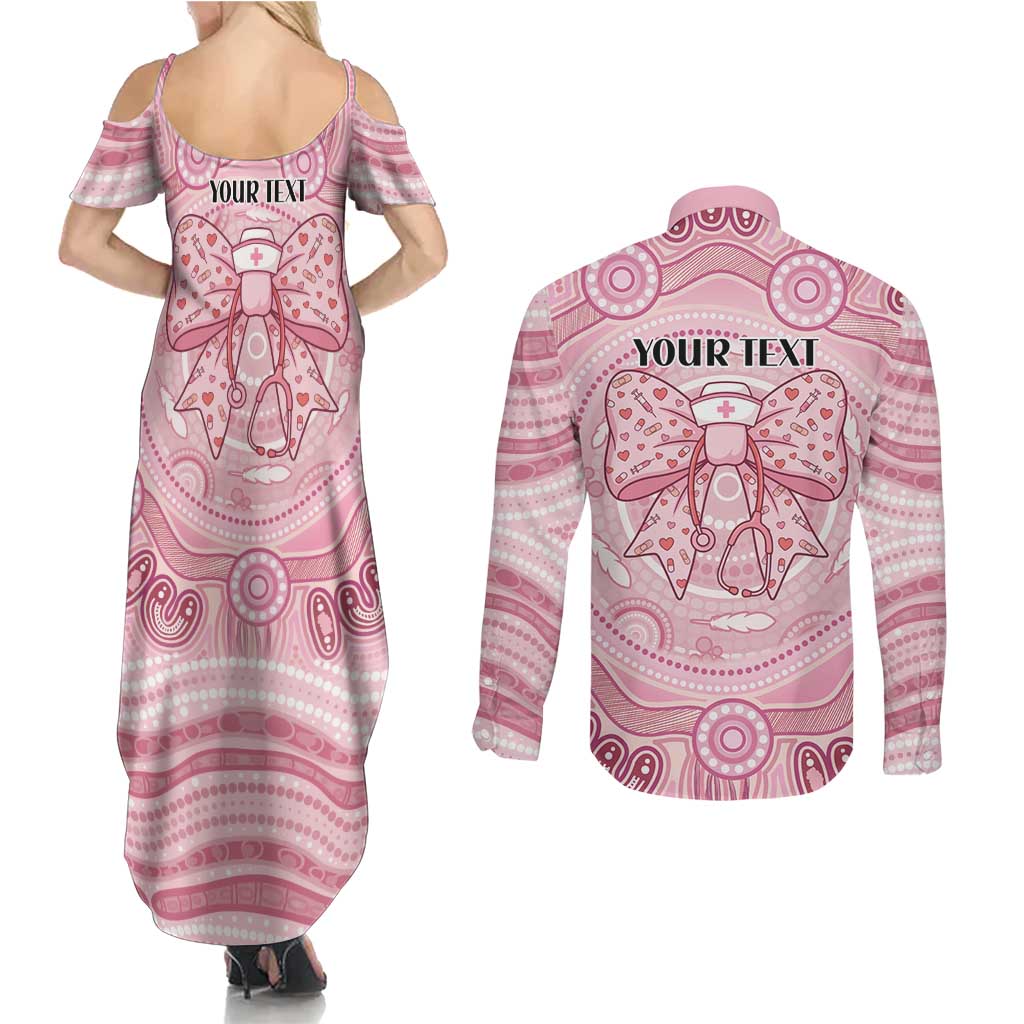Aussie Nurse Personalised Couples Matching Summer Maxi Dress and Long Sleeve Button Shirt Pink Stethoscope Coquette Bow Aboriginal Dot Art