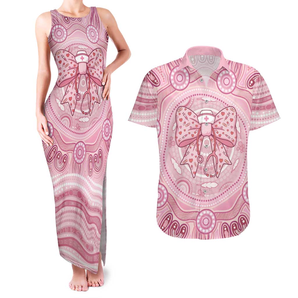 Aussie Nurse Personalised Couples Matching Tank Maxi Dress and Hawaiian Shirt Pink Stethoscope Coquette Bow Aboriginal Dot Art