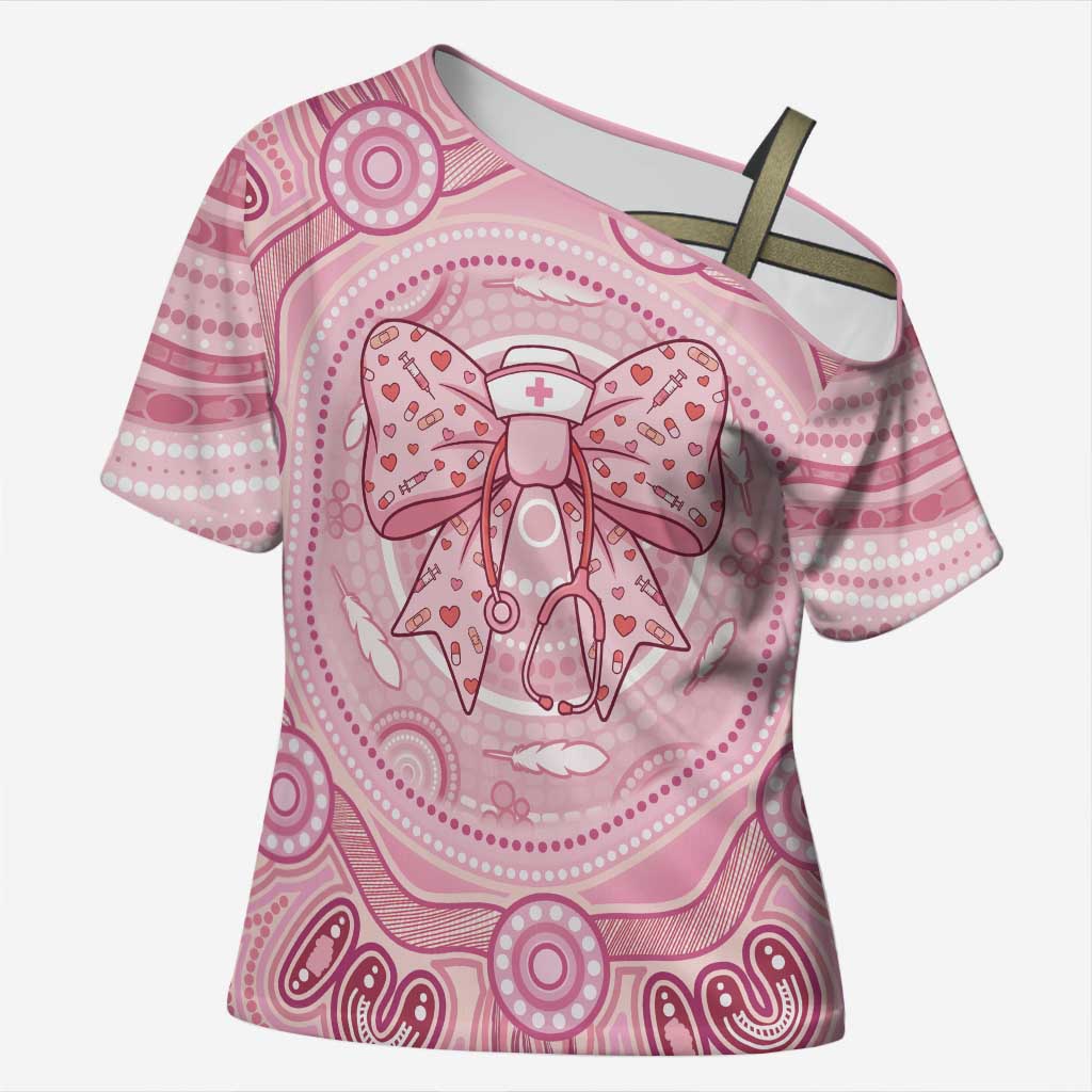 Aussie Nurse Personalised Cross Shoulder Shirt Pink Stethoscope Coquette Bow Aboriginal Dot Art