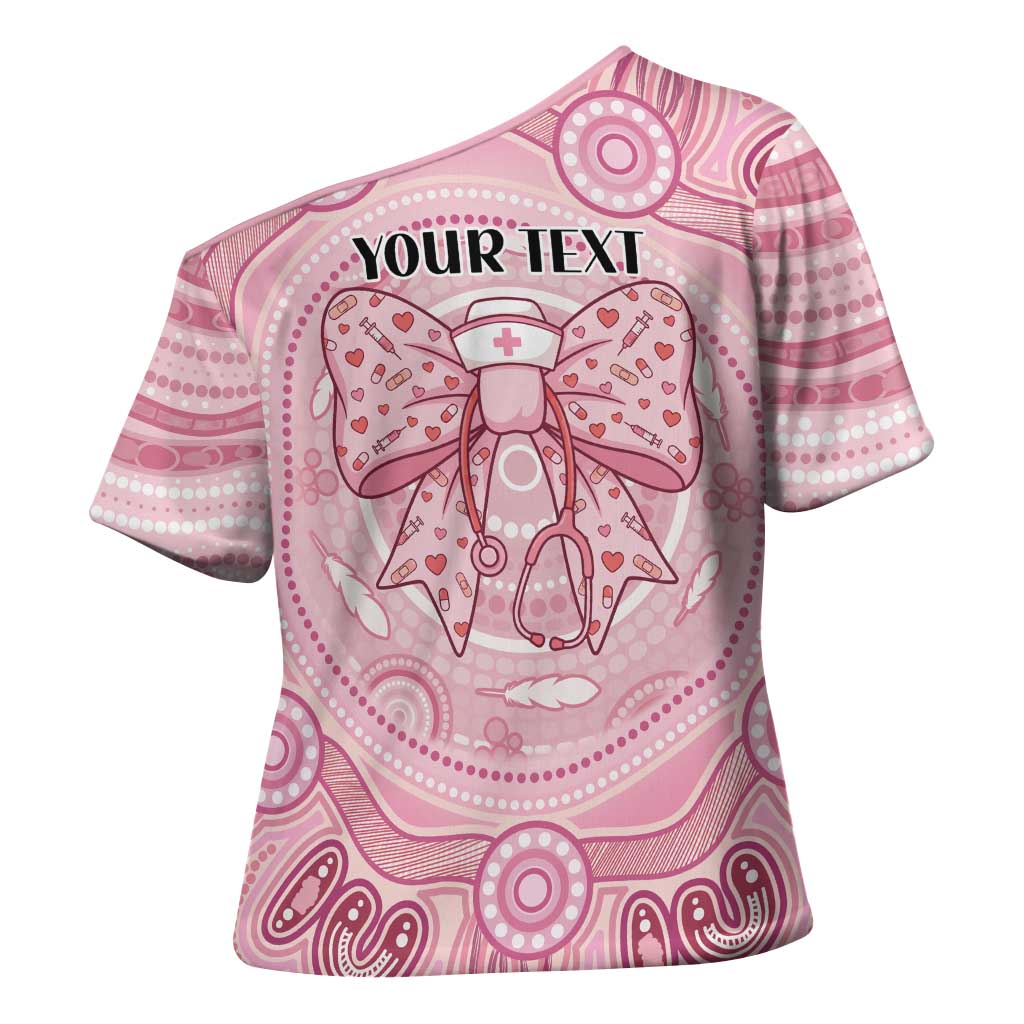 Aussie Nurse Personalised Cross Shoulder Shirt Pink Stethoscope Coquette Bow Aboriginal Dot Art