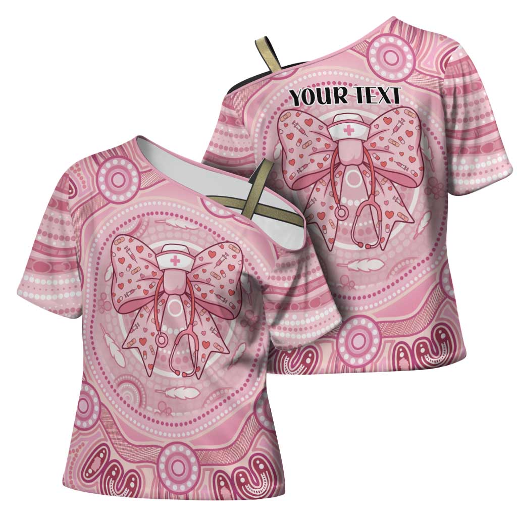 Aussie Nurse Personalised Cross Shoulder Shirt Pink Stethoscope Coquette Bow Aboriginal Dot Art