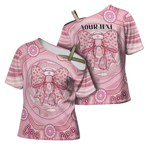 Aussie Nurse Personalised Cross Shoulder Shirt Pink Stethoscope Coquette Bow Aboriginal Dot Art