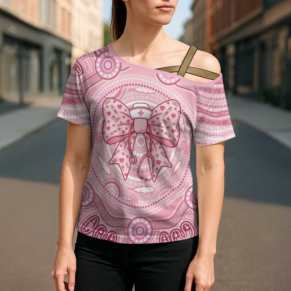 Aussie Nurse Personalised Cross Shoulder Shirt Pink Stethoscope Coquette Bow Aboriginal Dot Art