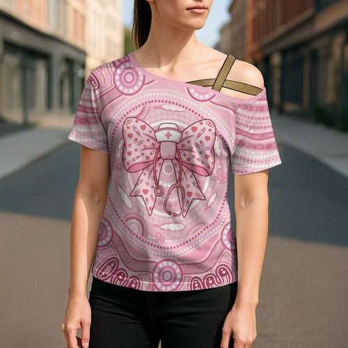 Aussie Nurse Personalised Cross Shoulder Shirt Pink Stethoscope Coquette Bow Aboriginal Dot Art