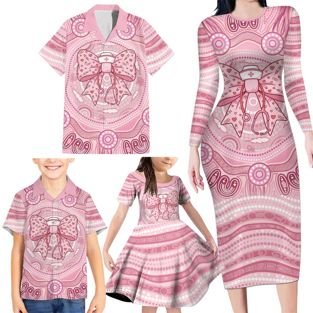Aussie Nurse Personalised Family Matching Long Sleeve Bodycon Dress and Hawaiian Shirt Pink Stethoscope Coquette Bow Aboriginal Dot Art