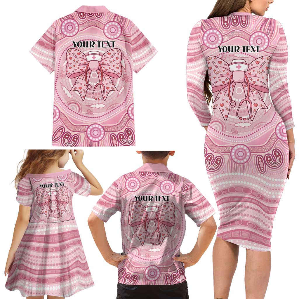 Aussie Nurse Personalised Family Matching Long Sleeve Bodycon Dress and Hawaiian Shirt Pink Stethoscope Coquette Bow Aboriginal Dot Art