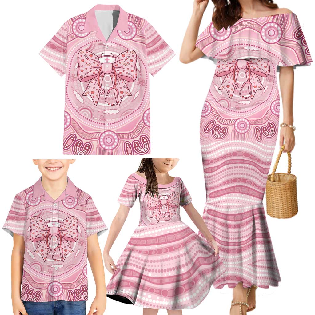 Aussie Nurse Personalised Family Matching Mermaid Dress and Hawaiian Shirt Pink Stethoscope Coquette Bow Aboriginal Dot Art