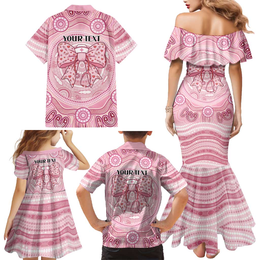 Aussie Nurse Personalised Family Matching Mermaid Dress and Hawaiian Shirt Pink Stethoscope Coquette Bow Aboriginal Dot Art