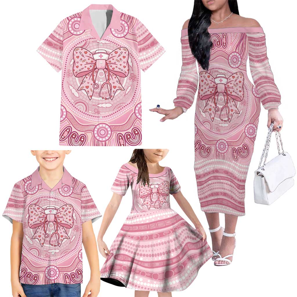 Aussie Nurse Personalised Family Matching Off The Shoulder Long Sleeve Dress and Hawaiian Shirt Pink Stethoscope Coquette Bow Aboriginal Dot Art