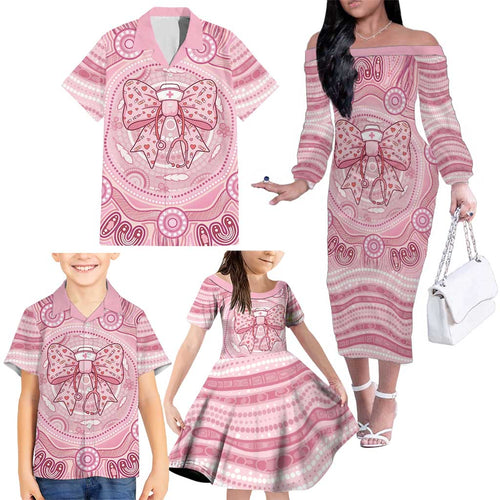 Aussie Nurse Personalised Family Matching Off The Shoulder Long Sleeve Dress and Hawaiian Shirt Pink Stethoscope Coquette Bow Aboriginal Dot Art