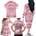 Aussie Nurse Personalised Family Matching Off The Shoulder Long Sleeve Dress and Hawaiian Shirt Pink Stethoscope Coquette Bow Aboriginal Dot Art