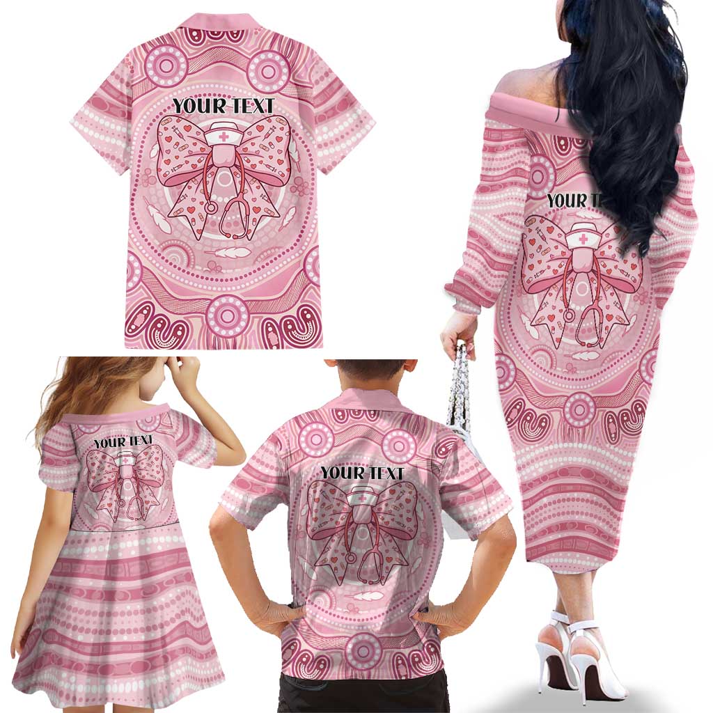 Aussie Nurse Personalised Family Matching Off The Shoulder Long Sleeve Dress and Hawaiian Shirt Pink Stethoscope Coquette Bow Aboriginal Dot Art