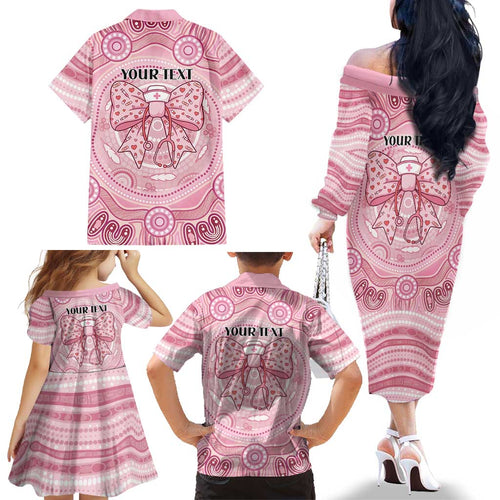 Aussie Nurse Personalised Family Matching Off The Shoulder Long Sleeve Dress and Hawaiian Shirt Pink Stethoscope Coquette Bow Aboriginal Dot Art