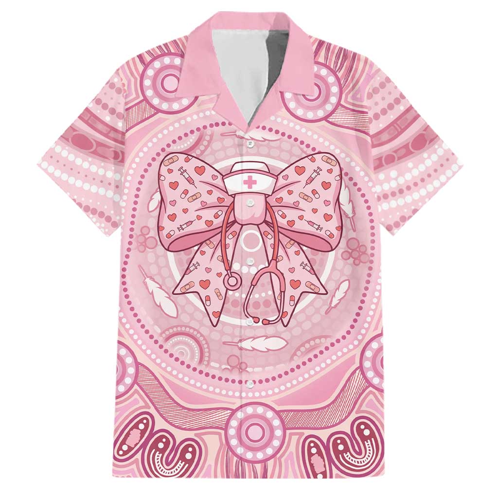Aussie Nurse Personalised Family Matching Off The Shoulder Long Sleeve Dress and Hawaiian Shirt Pink Stethoscope Coquette Bow Aboriginal Dot Art