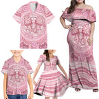 Aussie Nurse Personalised Family Matching Off Shoulder Maxi Dress and Hawaiian Shirt Pink Stethoscope Coquette Bow Aboriginal Dot Art