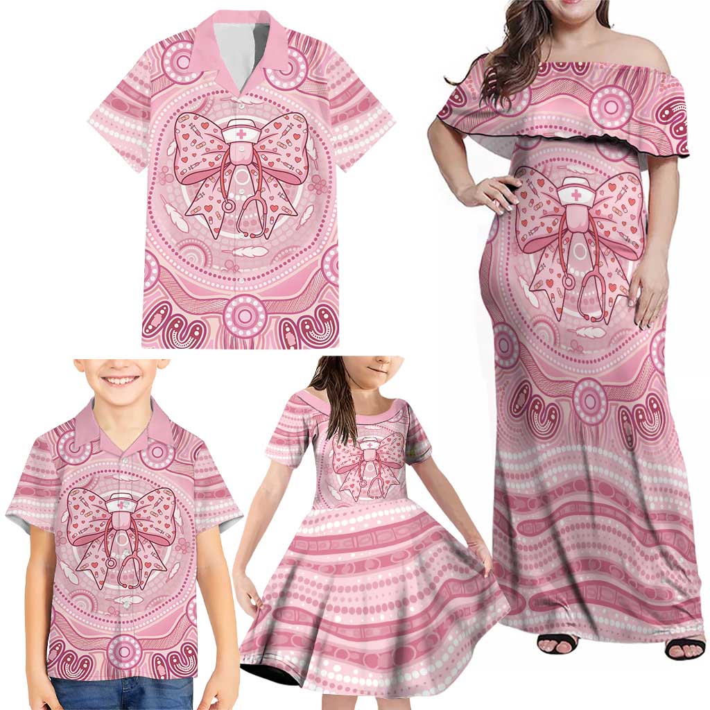 Aussie Nurse Personalised Family Matching Off Shoulder Maxi Dress and Hawaiian Shirt Pink Stethoscope Coquette Bow Aboriginal Dot Art