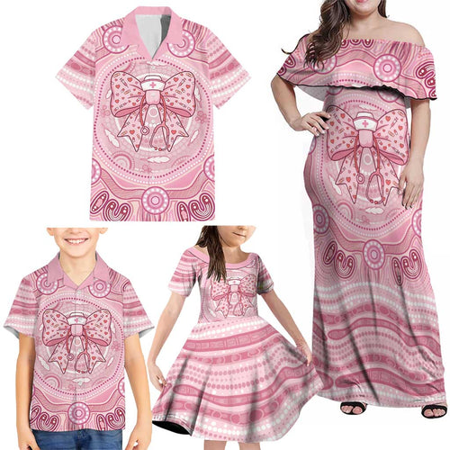 Aussie Nurse Personalised Family Matching Off Shoulder Maxi Dress and Hawaiian Shirt Pink Stethoscope Coquette Bow Aboriginal Dot Art