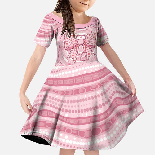 Aussie Nurse Personalised Family Matching Off Shoulder Maxi Dress and Hawaiian Shirt Pink Stethoscope Coquette Bow Aboriginal Dot Art