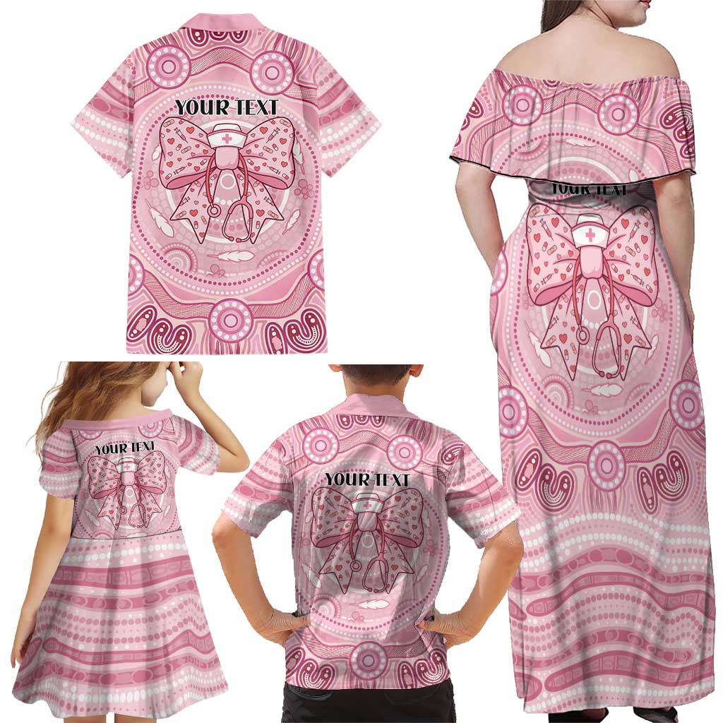 Aussie Nurse Personalised Family Matching Off Shoulder Maxi Dress and Hawaiian Shirt Pink Stethoscope Coquette Bow Aboriginal Dot Art