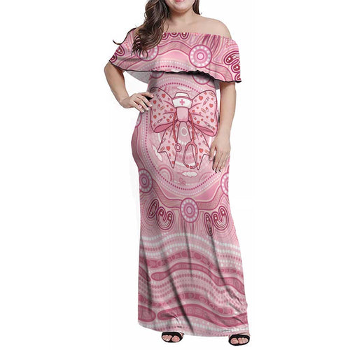 Aussie Nurse Personalised Family Matching Off Shoulder Maxi Dress and Hawaiian Shirt Pink Stethoscope Coquette Bow Aboriginal Dot Art