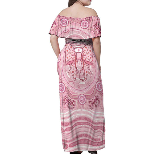 Aussie Nurse Personalised Family Matching Off Shoulder Maxi Dress and Hawaiian Shirt Pink Stethoscope Coquette Bow Aboriginal Dot Art