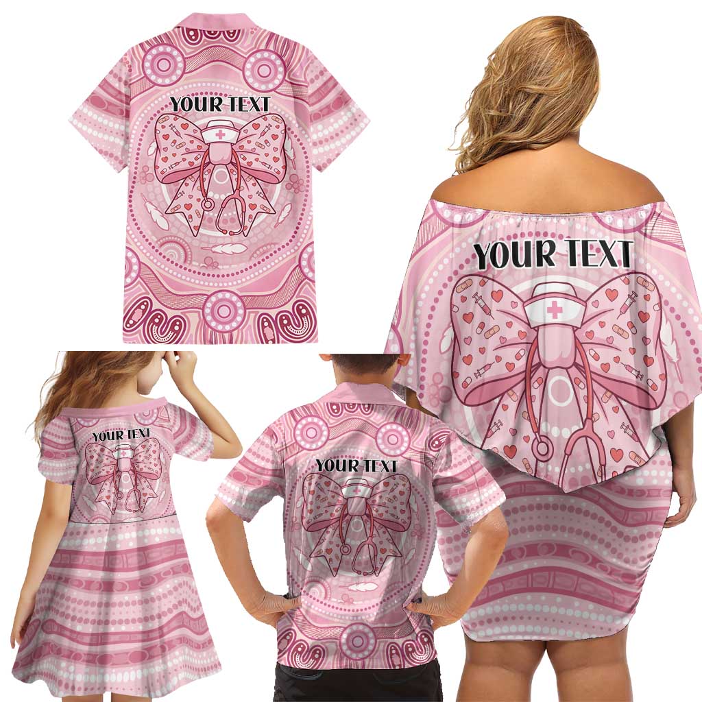 Aussie Nurse Personalised Family Matching Off Shoulder Short Dress and Hawaiian Shirt Pink Stethoscope Coquette Bow Aboriginal Dot Art