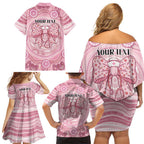 Aussie Nurse Personalised Family Matching Off Shoulder Short Dress and Hawaiian Shirt Pink Stethoscope Coquette Bow Aboriginal Dot Art