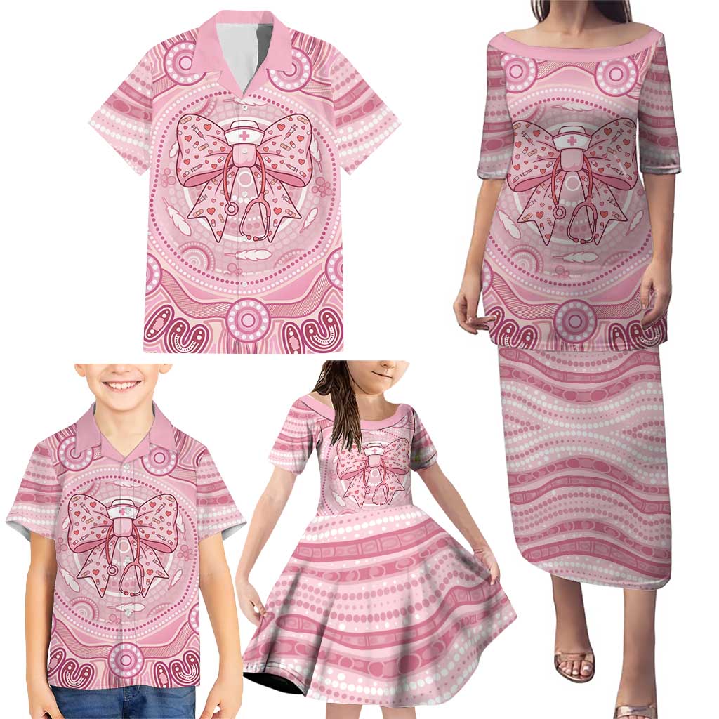 Aussie Nurse Personalised Family Matching Puletasi and Hawaiian Shirt Pink Stethoscope Coquette Bow Aboriginal Dot Art