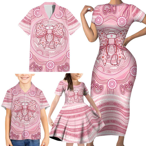 Aussie Nurse Personalised Family Matching Short Sleeve Bodycon Dress and Hawaiian Shirt Pink Stethoscope Coquette Bow Aboriginal Dot Art