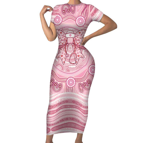 Aussie Nurse Personalised Family Matching Short Sleeve Bodycon Dress and Hawaiian Shirt Pink Stethoscope Coquette Bow Aboriginal Dot Art
