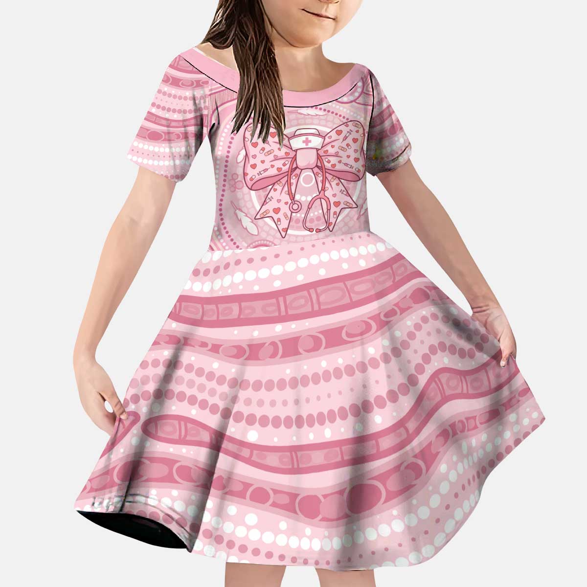 Aussie Nurse Personalised Kid Short Sleeve Dress Pink Stethoscope Coquette Bow Aboriginal Dot Art