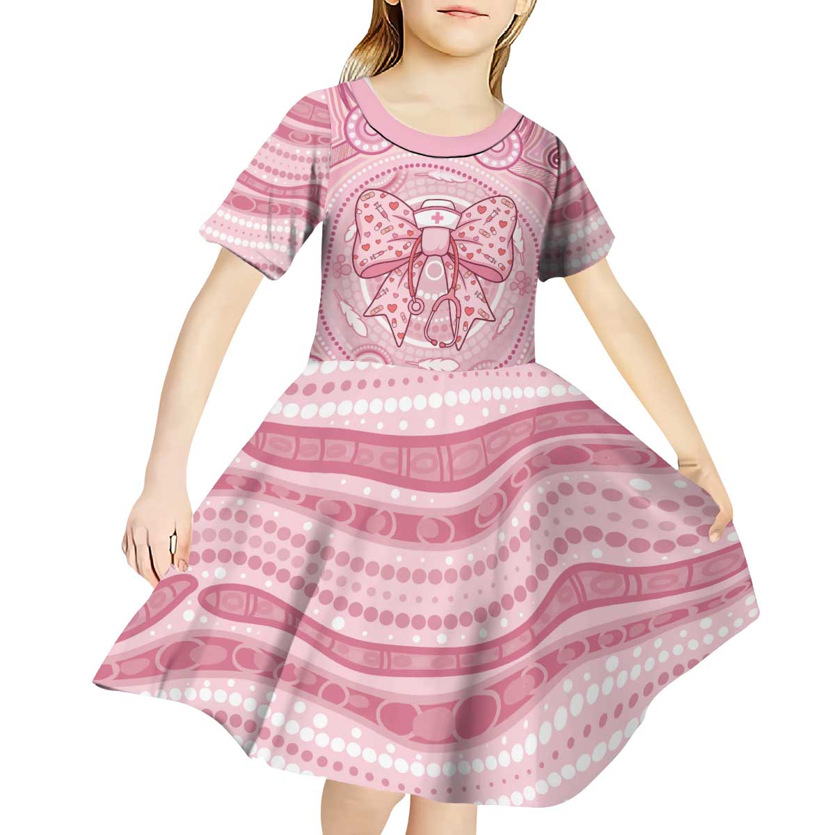 Aussie Nurse Personalised Kid Short Sleeve Dress Pink Stethoscope Coquette Bow Aboriginal Dot Art