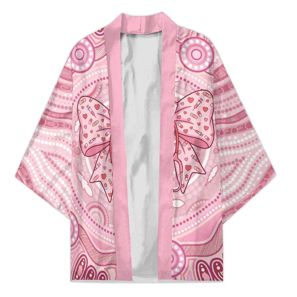 Aussie Nurse Personalised Kimono Pink Stethoscope Coquette Bow Aboriginal Dot Art