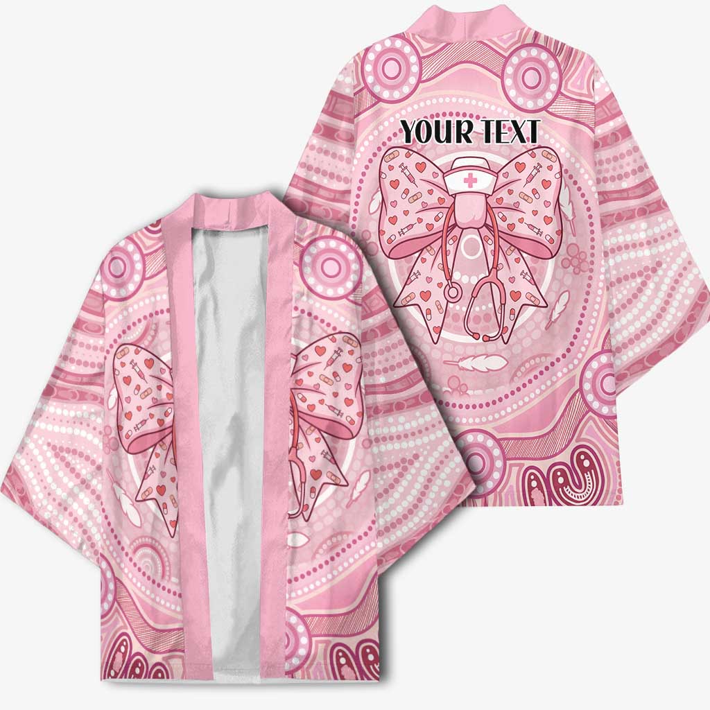 Aussie Nurse Personalised Kimono Pink Stethoscope Coquette Bow Aboriginal Dot Art