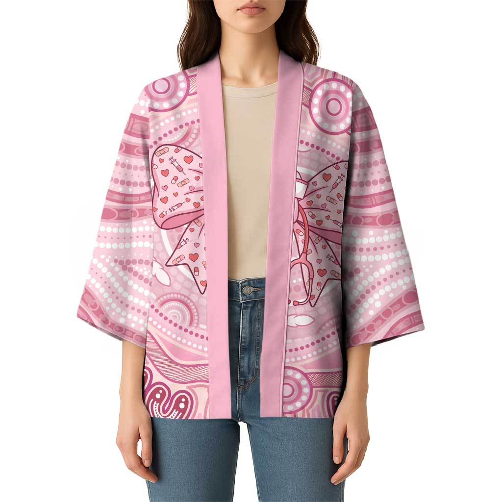 Aussie Nurse Personalised Kimono Pink Stethoscope Coquette Bow Aboriginal Dot Art