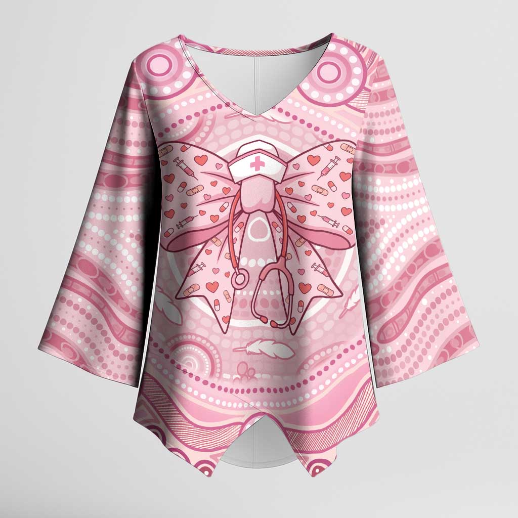 Aussie Nurse Personalised Kimono Sleeve Blouse Pink Stethoscope Coquette Bow Aboriginal Dot Art