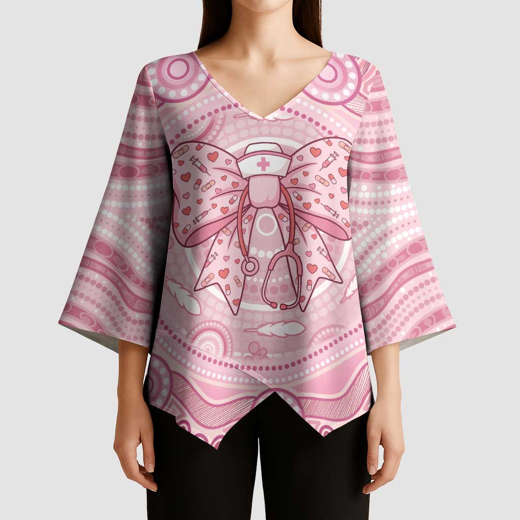 Aussie Nurse Personalised Kimono Sleeve Blouse Pink Stethoscope Coquette Bow Aboriginal Dot Art